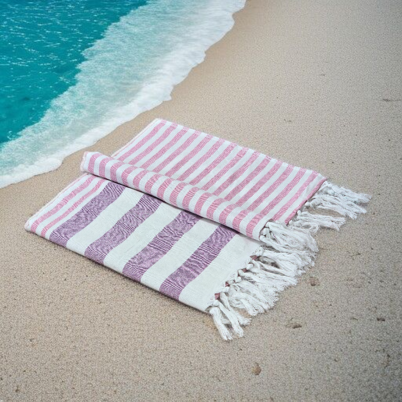 Pretty-in-Pink Cotton Hammam Beach Towel with Tassels
