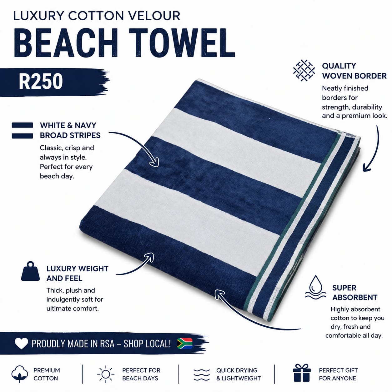 Navy Stripe Jaquard Woven Beach Towel