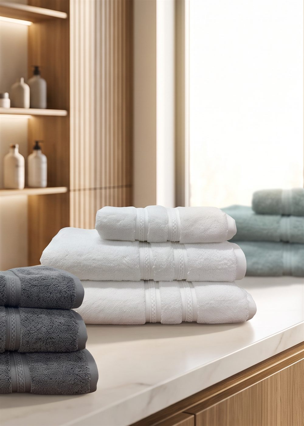 Towel Kingdom towels in white, charcoal and duck egg on a marble bathroom counter